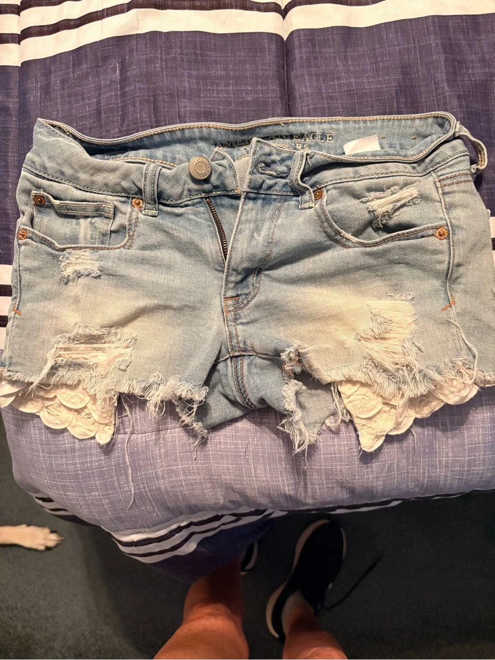American Eagle Outfitters Light Blue Distressed Denim Shorts with Lace